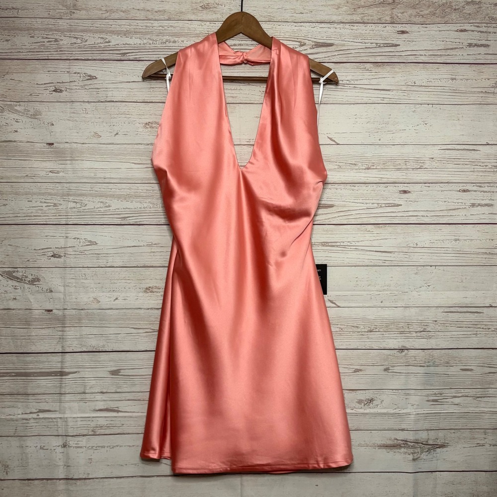 Lulus Coral Pink Satin Halter Mini Dress Plunging Open Back Size M NWT